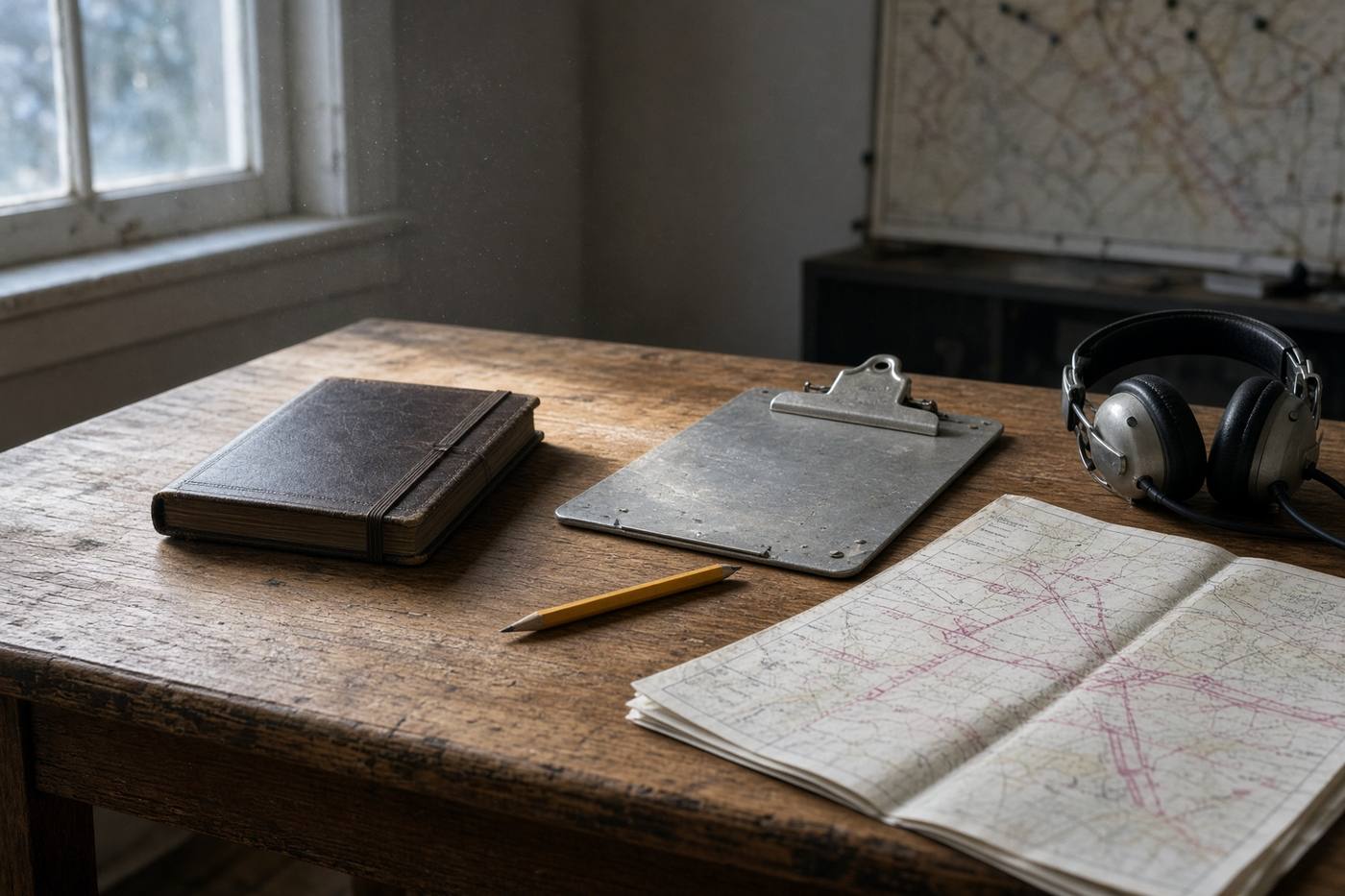 Briefing table with logbook, headset, and clipboard at first light