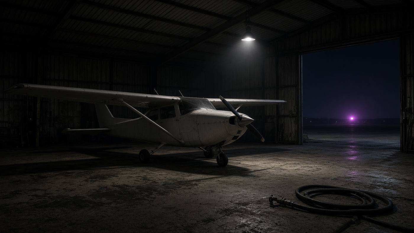 Cessna 172 in a night hangar under a work light