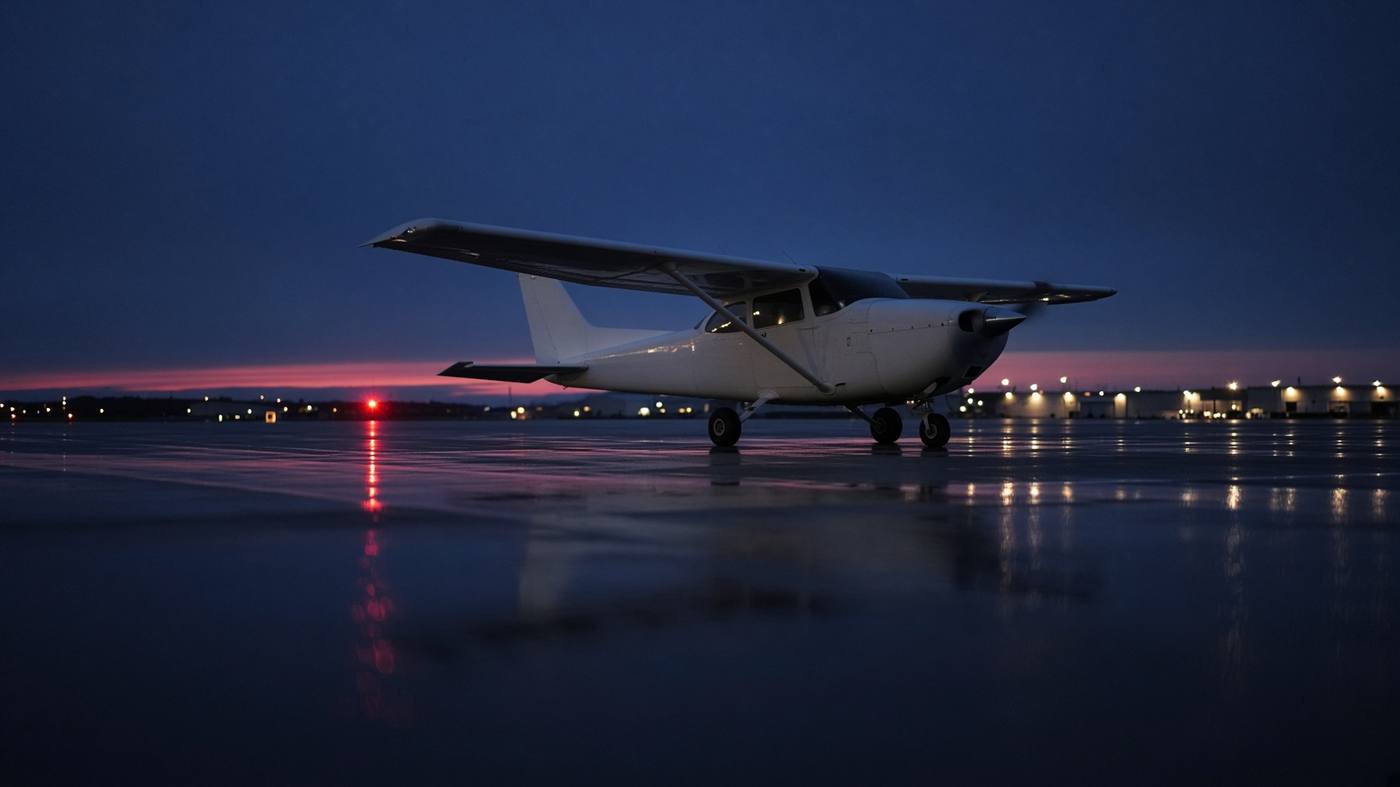 Light aircraft on the ramp at dusk