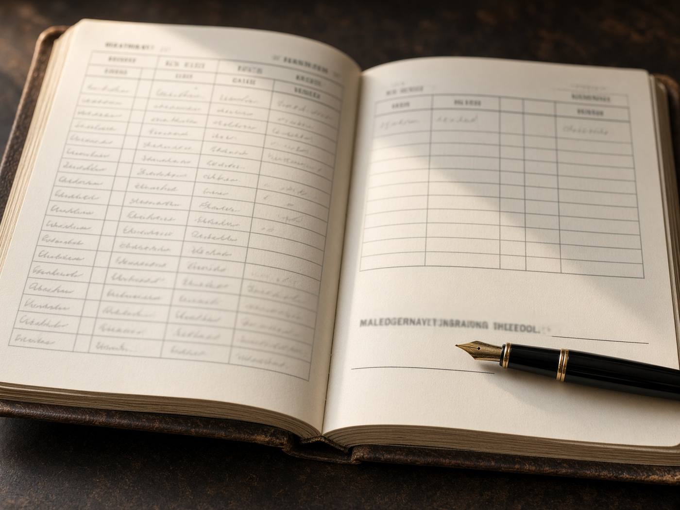Open leather logbook with a pen on the endorsement line